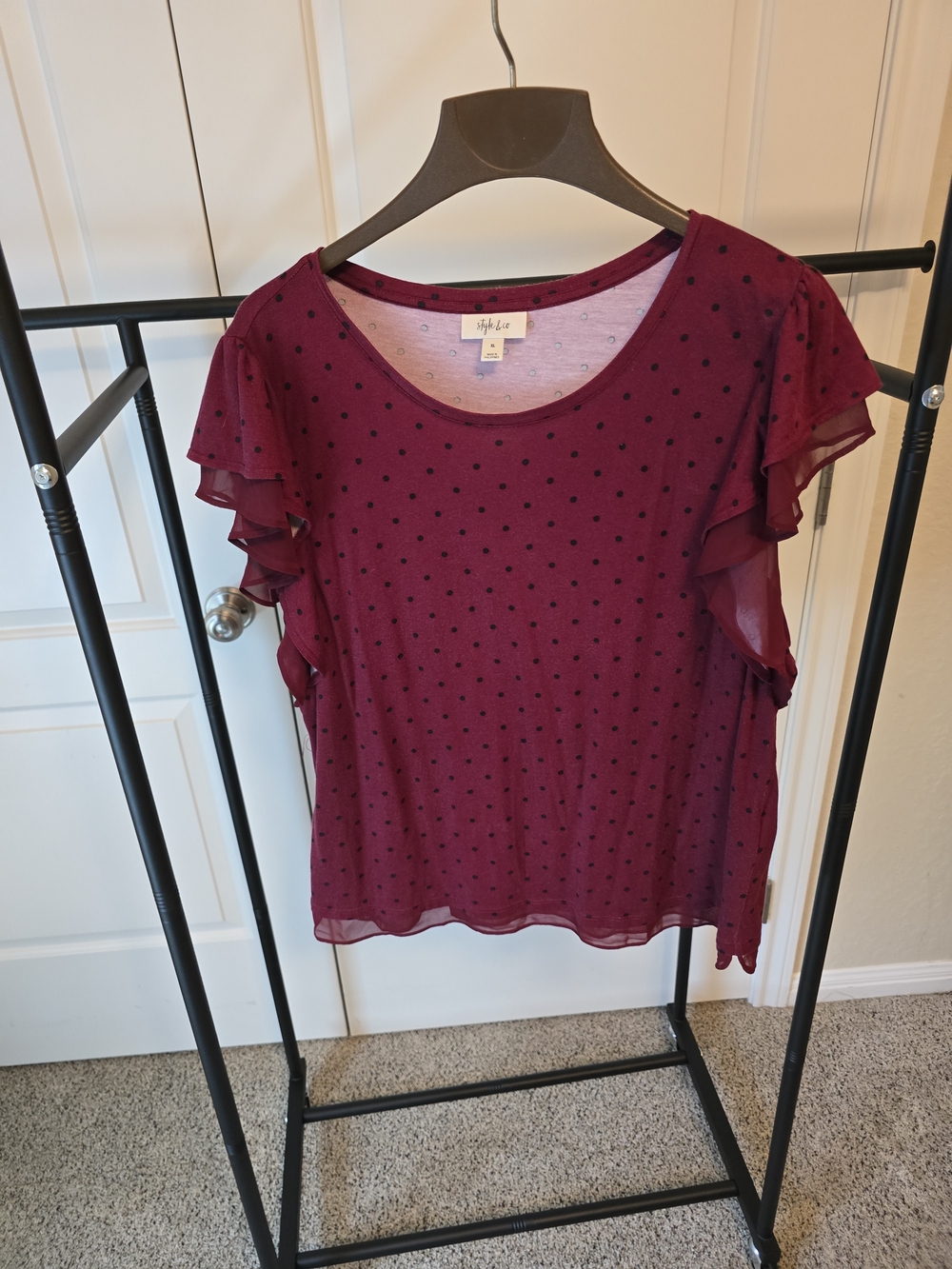Style & Co. Women's Burgundy Dot Ruffle Sleeve Top